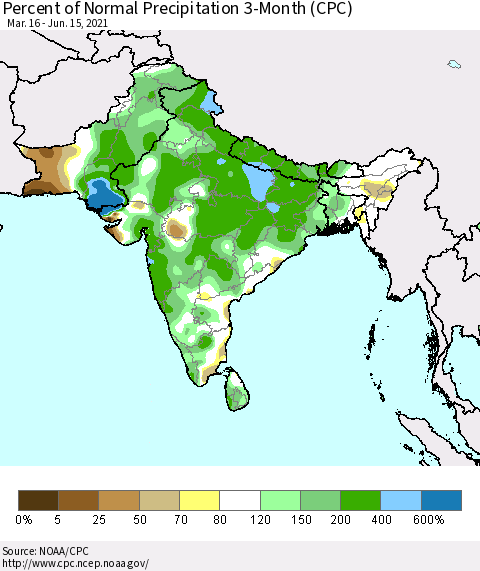Southern Asia Percent of Normal Precipitation 3-Month (CPC) Thematic Map For 3/16/2021 - 6/15/2021