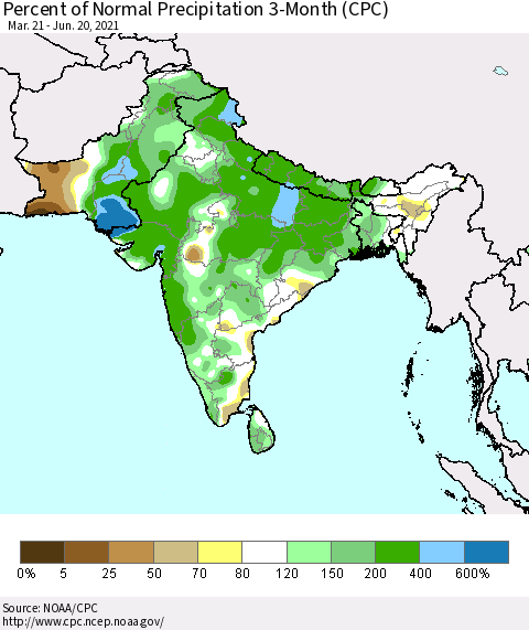 Southern Asia Percent of Normal Precipitation 3-Month (CPC) Thematic Map For 3/21/2021 - 6/20/2021