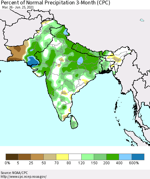 Southern Asia Percent of Normal Precipitation 3-Month (CPC) Thematic Map For 3/26/2021 - 6/25/2021