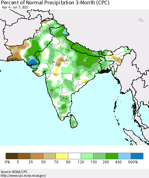 Southern Asia Percent of Normal Precipitation 3-Month (CPC) Thematic Map For 4/6/2021 - 7/5/2021