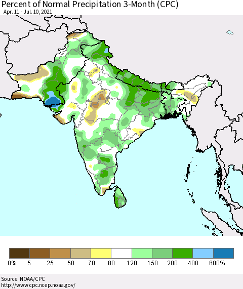 Southern Asia Percent of Normal Precipitation 3-Month (CPC) Thematic Map For 4/11/2021 - 7/10/2021