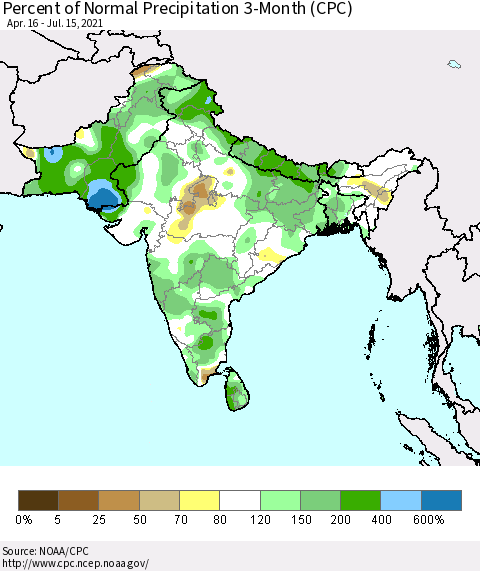 Southern Asia Percent of Normal Precipitation 3-Month (CPC) Thematic Map For 4/16/2021 - 7/15/2021