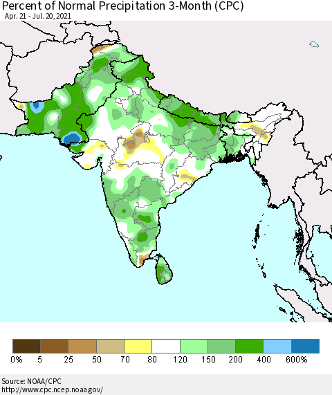 Southern Asia Percent of Normal Precipitation 3-Month (CPC) Thematic Map For 4/21/2021 - 7/20/2021