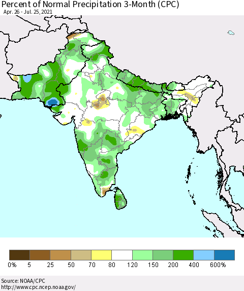 Southern Asia Percent of Normal Precipitation 3-Month (CPC) Thematic Map For 4/26/2021 - 7/25/2021