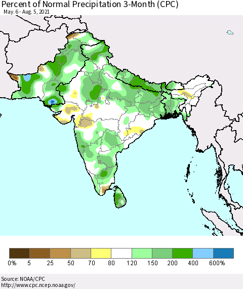 Southern Asia Percent of Normal Precipitation 3-Month (CPC) Thematic Map For 5/6/2021 - 8/5/2021