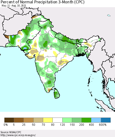 Southern Asia Percent of Normal Precipitation 3-Month (CPC) Thematic Map For 5/11/2021 - 8/10/2021