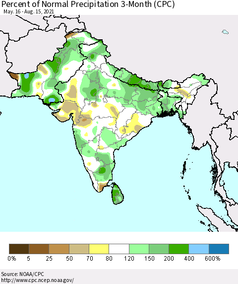 Southern Asia Percent of Normal Precipitation 3-Month (CPC) Thematic Map For 5/16/2021 - 8/15/2021