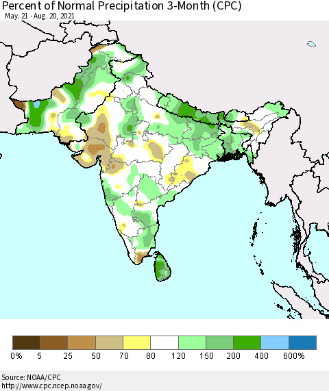 Southern Asia Percent of Normal Precipitation 3-Month (CPC) Thematic Map For 5/21/2021 - 8/20/2021