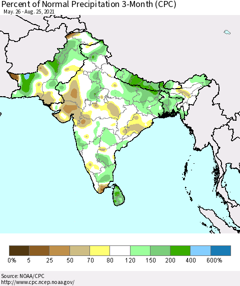 Southern Asia Percent of Normal Precipitation 3-Month (CPC) Thematic Map For 5/26/2021 - 8/25/2021