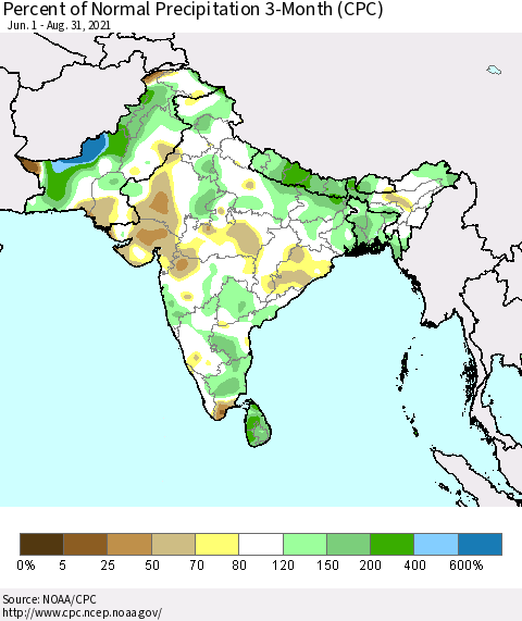 Southern Asia Percent of Normal Precipitation 3-Month (CPC) Thematic Map For 6/1/2021 - 8/31/2021