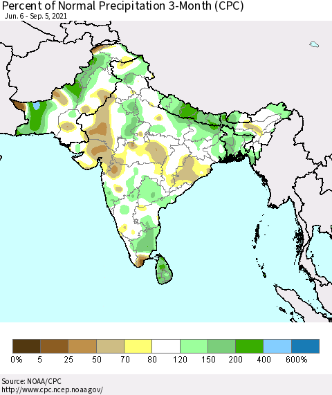 Southern Asia Percent of Normal Precipitation 3-Month (CPC) Thematic Map For 6/6/2021 - 9/5/2021