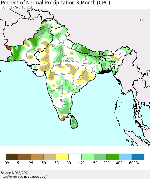 Southern Asia Percent of Normal Precipitation 3-Month (CPC) Thematic Map For 6/11/2021 - 9/10/2021
