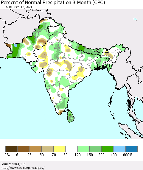 Southern Asia Percent of Normal Precipitation 3-Month (CPC) Thematic Map For 6/16/2021 - 9/15/2021