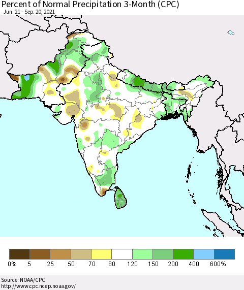 Southern Asia Percent of Normal Precipitation 3-Month (CPC) Thematic Map For 6/21/2021 - 9/20/2021