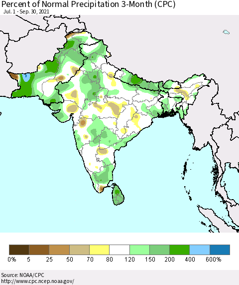Southern Asia Percent of Normal Precipitation 3-Month (CPC) Thematic Map For 7/1/2021 - 9/30/2021