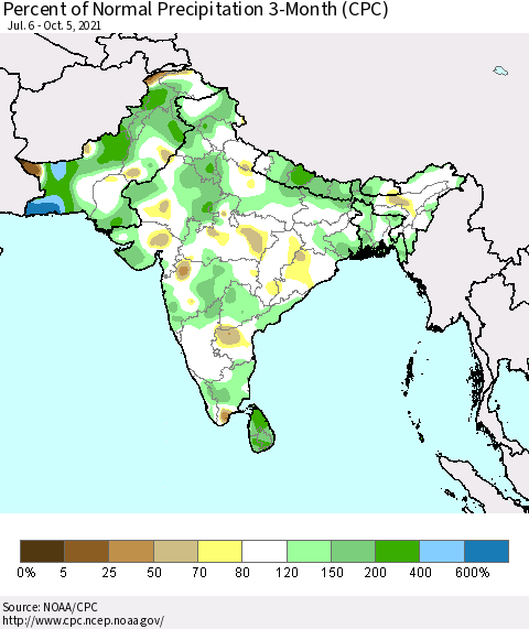 Southern Asia Percent of Normal Precipitation 3-Month (CPC) Thematic Map For 7/6/2021 - 10/5/2021