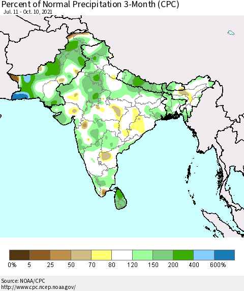 Southern Asia Percent of Normal Precipitation 3-Month (CPC) Thematic Map For 7/11/2021 - 10/10/2021