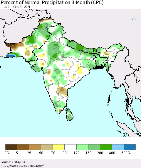 Southern Asia Percent of Normal Precipitation 3-Month (CPC) Thematic Map For 7/21/2021 - 10/20/2021