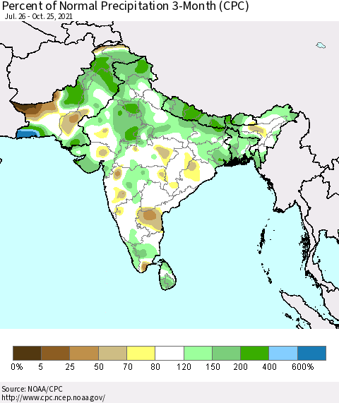 Southern Asia Percent of Normal Precipitation 3-Month (CPC) Thematic Map For 7/26/2021 - 10/25/2021