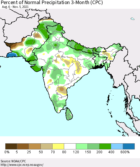 Southern Asia Percent of Normal Precipitation 3-Month (CPC) Thematic Map For 8/6/2021 - 11/5/2021