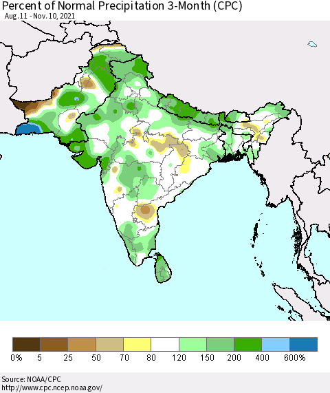 Southern Asia Percent of Normal Precipitation 3-Month (CPC) Thematic Map For 8/11/2021 - 11/10/2021
