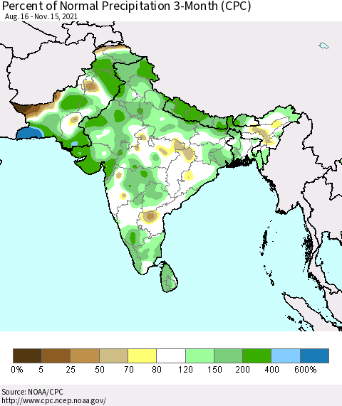 Southern Asia Percent of Normal Precipitation 3-Month (CPC) Thematic Map For 8/16/2021 - 11/15/2021