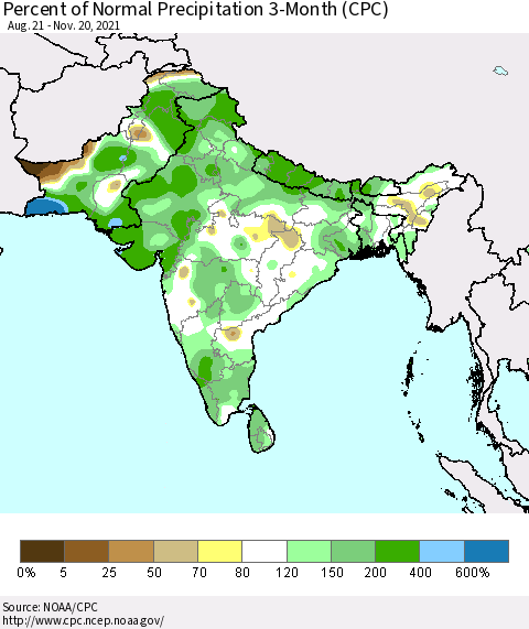 Southern Asia Percent of Normal Precipitation 3-Month (CPC) Thematic Map For 8/21/2021 - 11/20/2021
