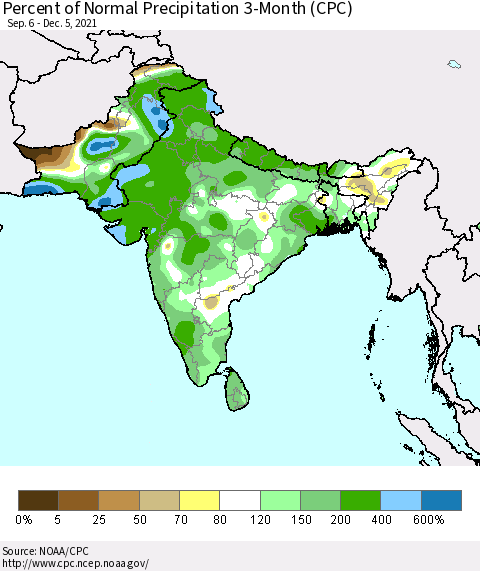 Southern Asia Percent of Normal Precipitation 3-Month (CPC) Thematic Map For 9/6/2021 - 12/5/2021