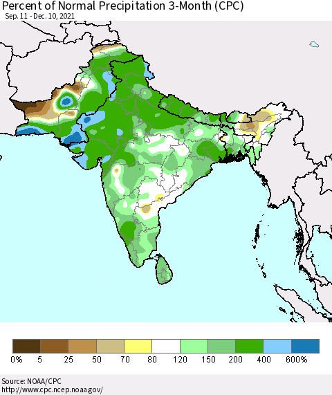 Southern Asia Percent of Normal Precipitation 3-Month (CPC) Thematic Map For 9/11/2021 - 12/10/2021