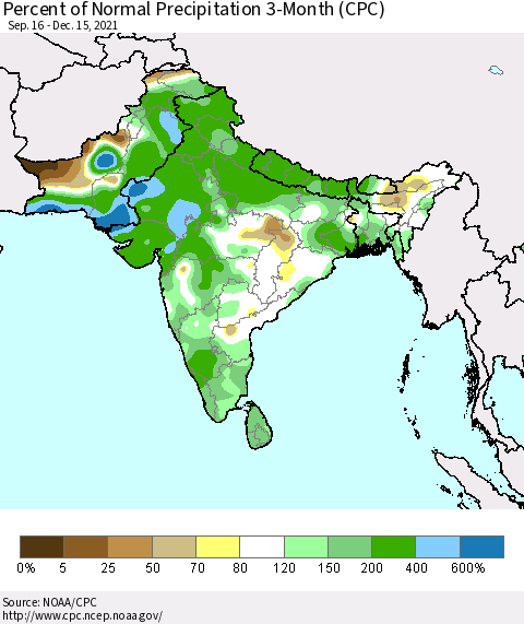 Southern Asia Percent of Normal Precipitation 3-Month (CPC) Thematic Map For 9/16/2021 - 12/15/2021