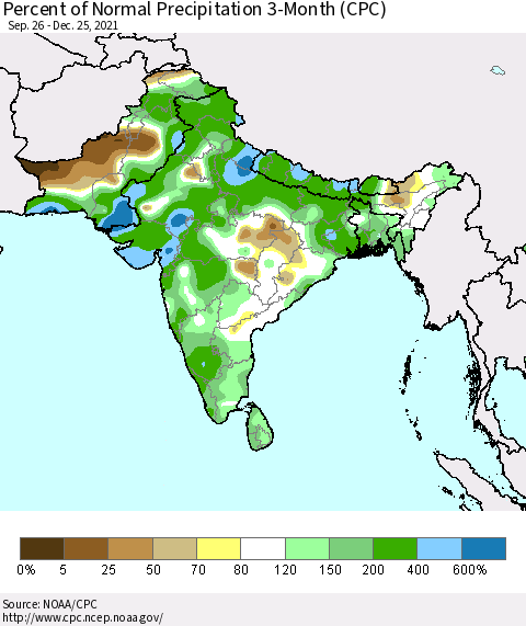 Southern Asia Percent of Normal Precipitation 3-Month (CPC) Thematic Map For 9/26/2021 - 12/25/2021