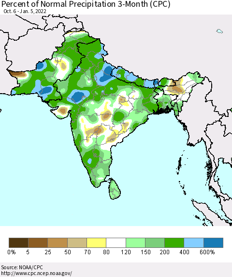 Southern Asia Percent of Normal Precipitation 3-Month (CPC) Thematic Map For 10/6/2021 - 1/5/2022