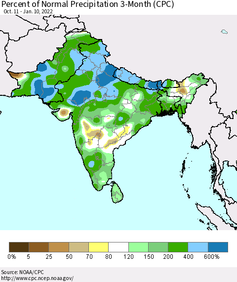 Southern Asia Percent of Normal Precipitation 3-Month (CPC) Thematic Map For 10/11/2021 - 1/10/2022
