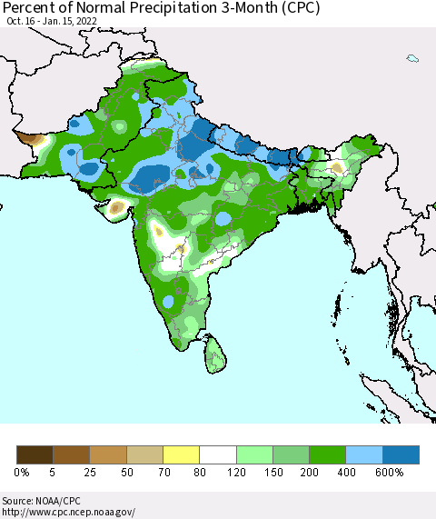 Southern Asia Percent of Normal Precipitation 3-Month (CPC) Thematic Map For 10/16/2021 - 1/15/2022