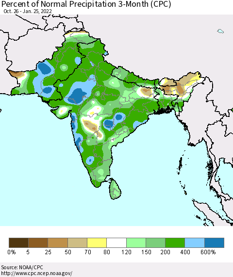 Southern Asia Percent of Normal Precipitation 3-Month (CPC) Thematic Map For 10/26/2021 - 1/25/2022