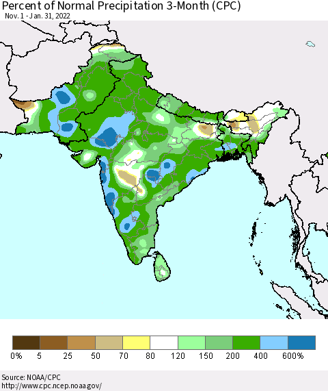 Southern Asia Percent of Normal Precipitation 3-Month (CPC) Thematic Map For 11/1/2021 - 1/31/2022