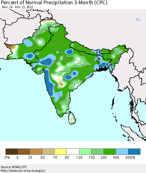 Southern Asia Percent of Normal Precipitation 3-Month (CPC) Thematic Map For 11/16/2021 - 2/15/2022