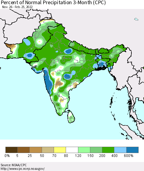 Southern Asia Percent of Normal Precipitation 3-Month (CPC) Thematic Map For 11/26/2021 - 2/25/2022