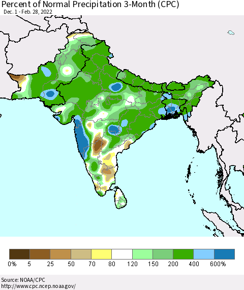 Southern Asia Percent of Normal Precipitation 3-Month (CPC) Thematic Map For 12/1/2021 - 2/28/2022