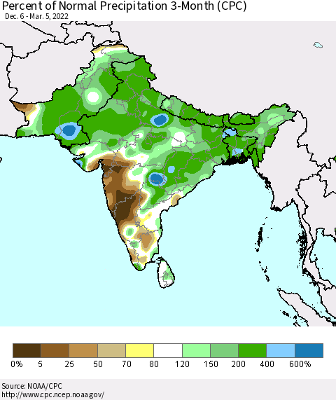 Southern Asia Percent of Normal Precipitation 3-Month (CPC) Thematic Map For 12/6/2021 - 3/5/2022