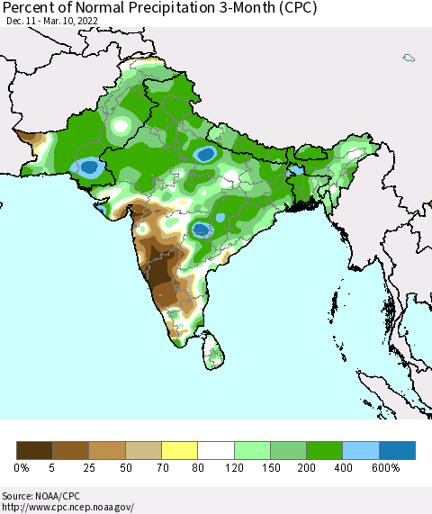 Southern Asia Percent of Normal Precipitation 3-Month (CPC) Thematic Map For 12/11/2021 - 3/10/2022