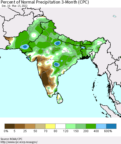 Southern Asia Percent of Normal Precipitation 3-Month (CPC) Thematic Map For 12/16/2021 - 3/15/2022
