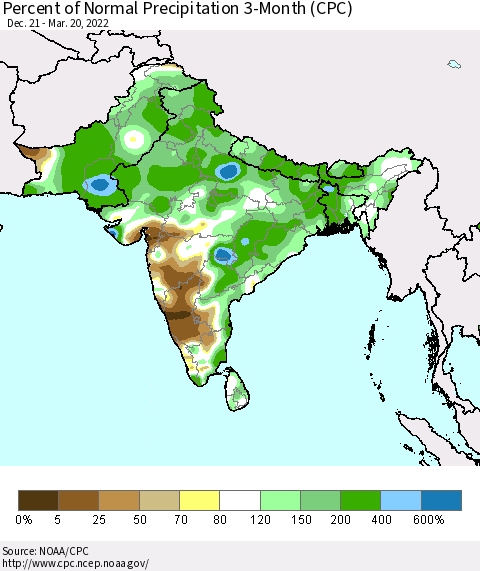 Southern Asia Percent of Normal Precipitation 3-Month (CPC) Thematic Map For 12/21/2021 - 3/20/2022