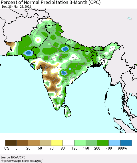 Southern Asia Percent of Normal Precipitation 3-Month (CPC) Thematic Map For 12/26/2021 - 3/25/2022