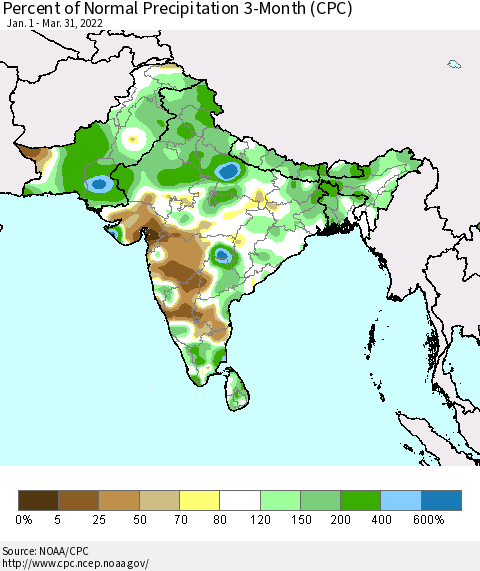 Southern Asia Percent of Normal Precipitation 3-Month (CPC) Thematic Map For 1/1/2022 - 3/31/2022