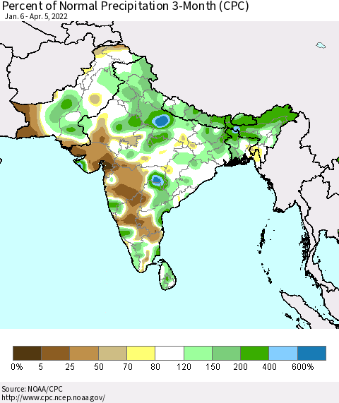 Southern Asia Percent of Normal Precipitation 3-Month (CPC) Thematic Map For 1/6/2022 - 4/5/2022
