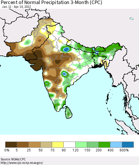 Southern Asia Percent of Normal Precipitation 3-Month (CPC) Thematic Map For 1/11/2022 - 4/10/2022