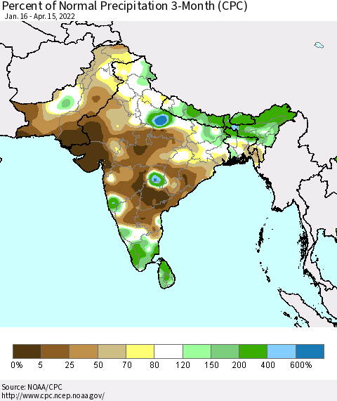 Southern Asia Percent of Normal Precipitation 3-Month (CPC) Thematic Map For 1/16/2022 - 4/15/2022