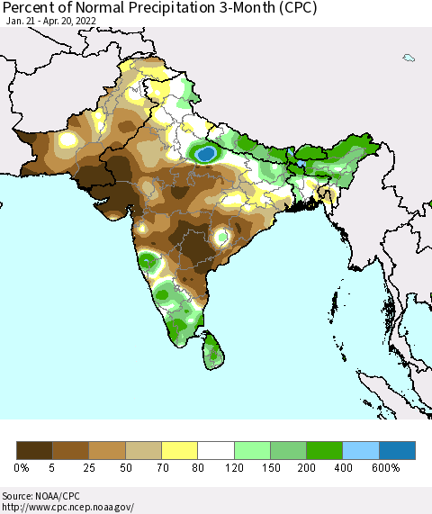 Southern Asia Percent of Normal Precipitation 3-Month (CPC) Thematic Map For 1/21/2022 - 4/20/2022
