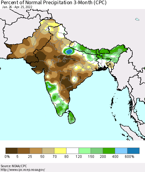 Southern Asia Percent of Normal Precipitation 3-Month (CPC) Thematic Map For 1/26/2022 - 4/25/2022
